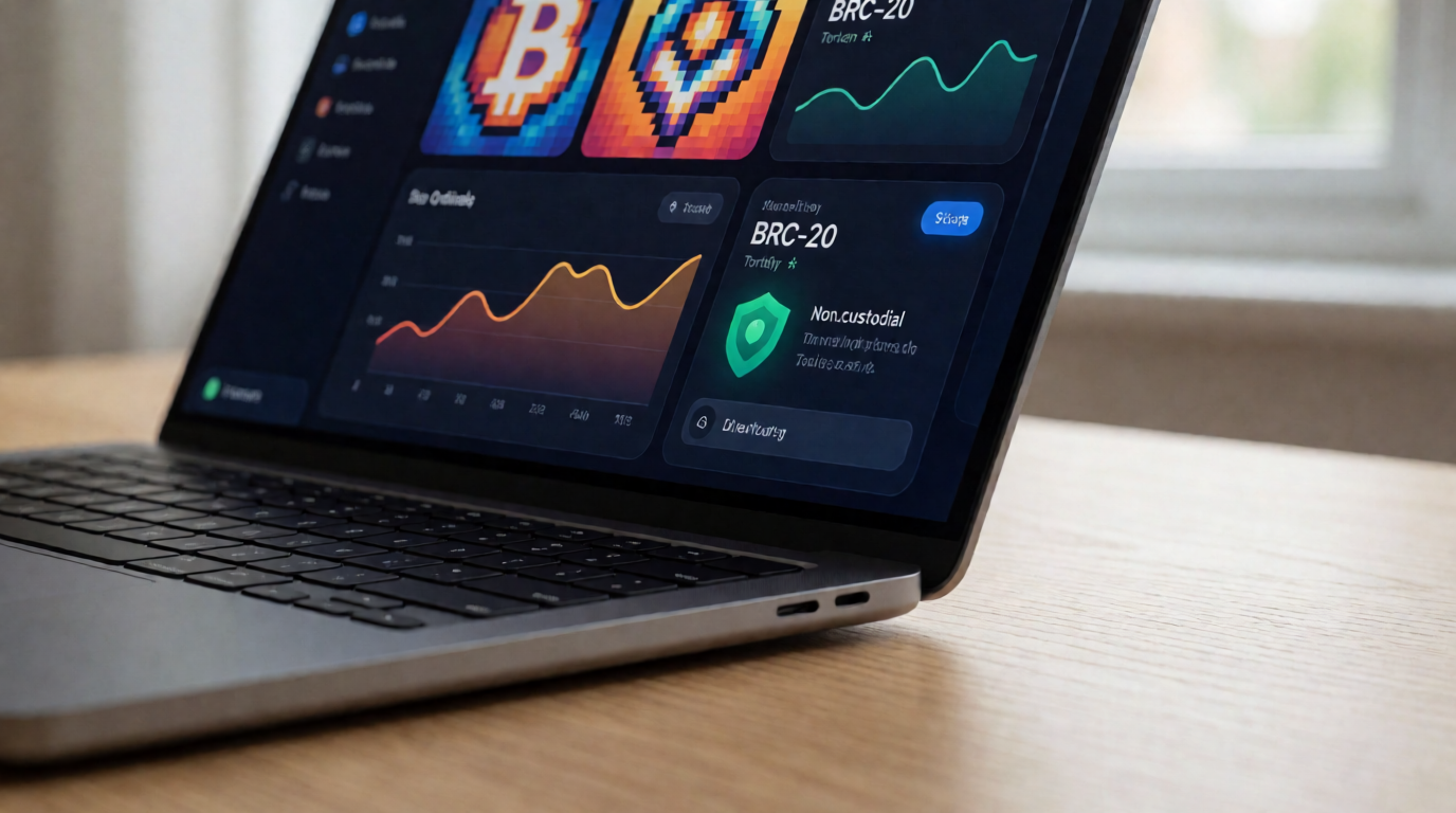 A photorealistic close-up of a laptop screen displaying the UniSat Bitcoin wallet dashboard, featuring ordinals and token balances with a privacy-focused design.